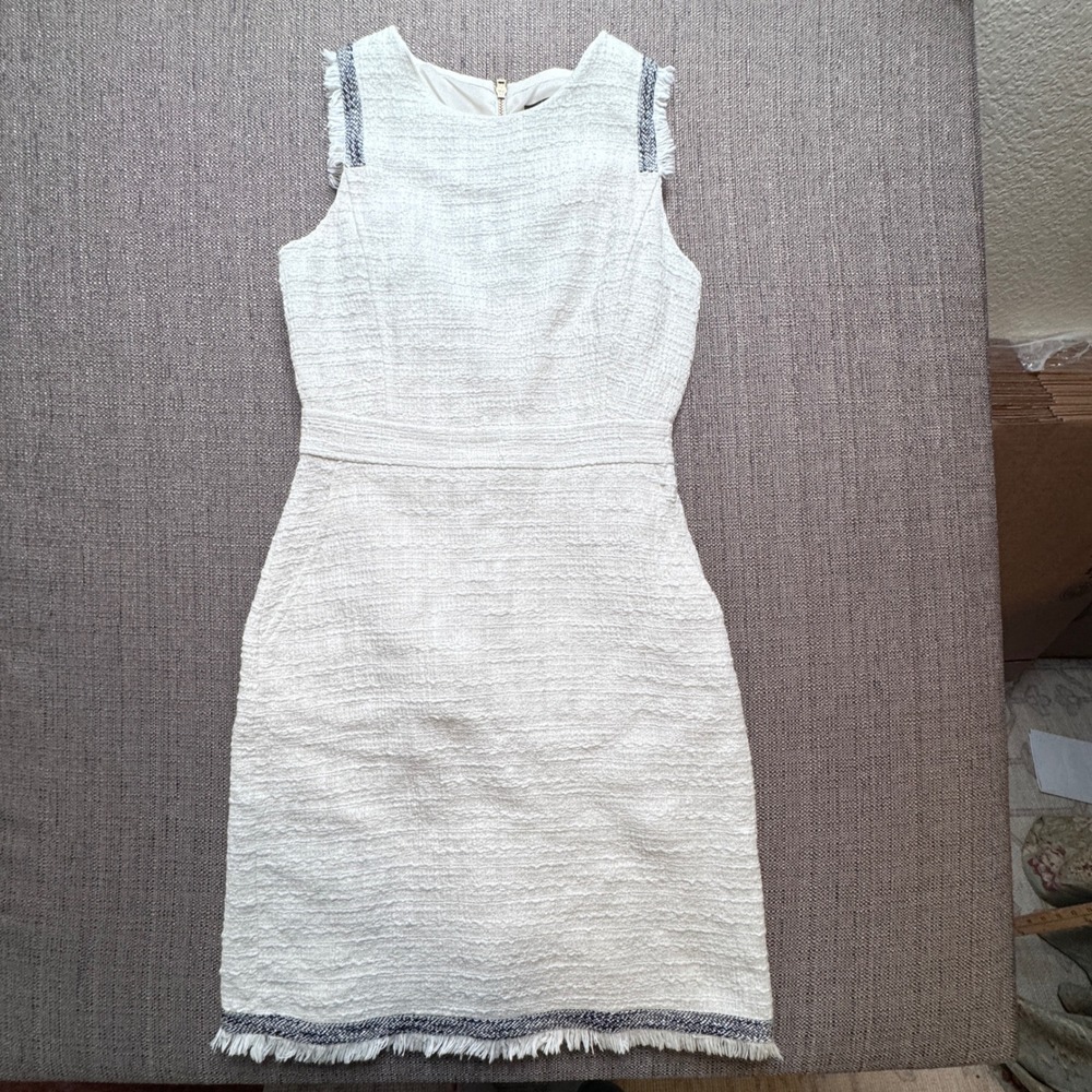 J.Crew Ivory Tweed Fringed Sheath Dress Sleeveless Size 0P Petite Pockets